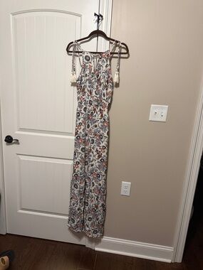 Floral Boho Tie-Shoulder dress in Cream with Blue & Rust